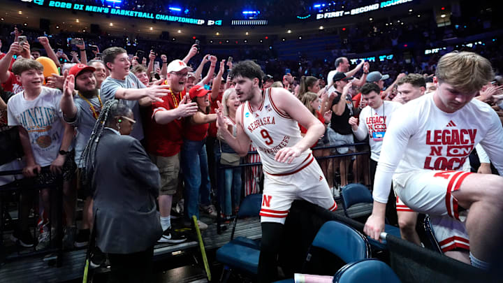 Nebraska's Berke Buyuktuncel celebrates with fans following a second-round victory over Vanderbilt at Paycom Center in Oklahoma City Nebraska's Berke Buyuktuncel celebrates with fans following a second-round victory over Vanderbilt at Paycom Center in Oklahoma City