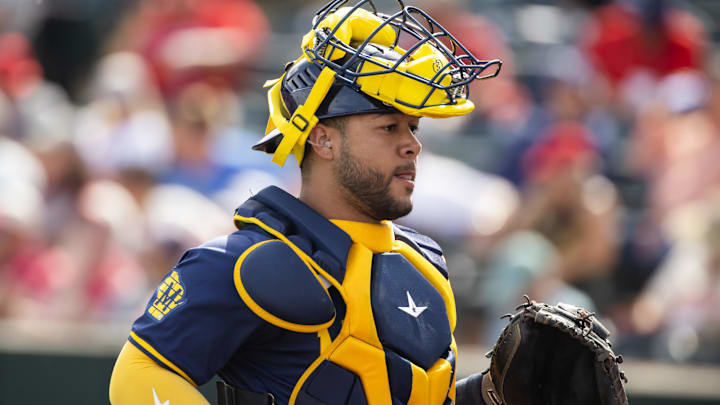 Feb 27, 2024; Tempe, Arizona, USA; Milwaukee Brewers catcher Jeferson Quero against the Los Angeles Angels during a spring training game at Tempe Diablo Stadium. Mandatory Credit: Mark J. Rebilas-USA TODAY Sports