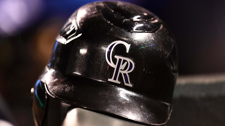 Jun 1, 2018; Denver, CO, USA; General view of a Colorado Rockies batting helmet during the fifth inning against the Los Angeles Dodgers at Coors Field. Mandatory Credit: Ron Chenoy-Imagn Images