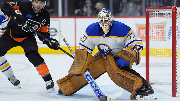 Nov 16, 2024; Philadelphia, Pennsylvania, USA; Buffalo Sabres goalie Devon Levi (27) defends the net against the Philadelphia Flyers in the third period at Wells Fargo Center. Mandatory Credit: Kyle Ross-Imagn Images Nov 16, 2024; Philadelphia, Pennsylvania, USA; Buffalo Sabres goalie Devon Levi (27) defends the net against the Philadelphia Flyers in the third period at Wells Fargo Center. Mandatory Credit: Kyle Ross-Imagn Images