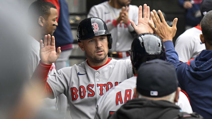 Apr 13, 2025; Chicago, Illinois, USA; Boston Red Sox third baseman Alex Bregman (2) celebrates after scoring against the Chicago White Sox during the sixth inning at Guaranteed Rate Field. Mandatory Credit: Matt Marton-Imagn Images Apr 13, 2025; Chicago, Illinois, USA; Boston Red Sox third baseman Alex Bregman (2) celebrates after scoring against the Chicago White Sox during the sixth inning at Guaranteed Rate Field. Mandatory Credit: Matt Marton-Imagn Images