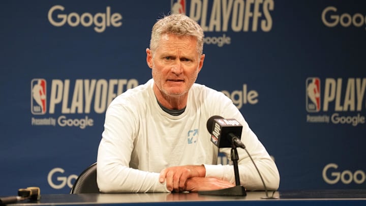 Apr 26, 2025; San Francisco, California, USA; Golden State Warriors head coach Steve Kerr talks to media members before game three of first round for the 2024 NBA Playoffs against the Houston Rockets at Chase Center.
