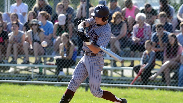 Shortstop Colt Emerson swings during an Ohio Division II sectional final against host Morgan on May 17, 2022, in McConnelsville, Ohio.