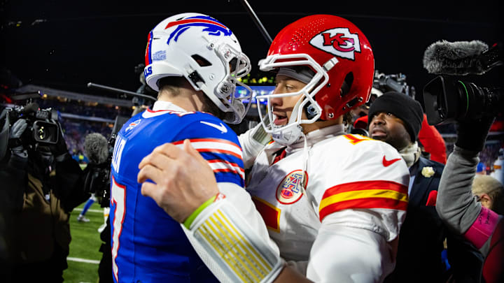 Jan 21, 2024; Orchard Park, New York, USA; Kansas City Chiefs quarterback Patrick Mahomes (15) greets Buffalo Bills quarterback Josh Allen (17) following the 2024 AFC divisional round game at Highmark Stadium. Mandatory Credit: Mark J. Rebilas-Imagn Images Jan 21, 2024; Orchard Park, New York, USA; Kansas City Chiefs quarterback Patrick Mahomes (15) greets Buffalo Bills quarterback Josh Allen (17) following the 2024 AFC divisional round game at Highmark Stadium. Mandatory Credit: Mark J. Rebilas-Imagn Images