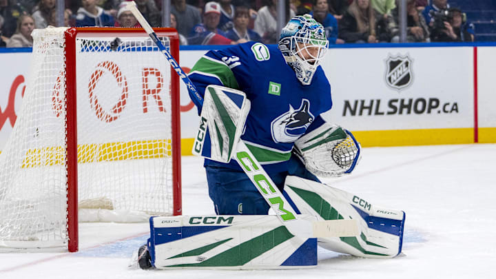 Nov 19, 2024; Vancouver, British Columbia, CAN; Vancouver Canucks goalie Arturs Silovs (31) makes a save against the New York Rangers during the first period at Rogers Arena. Mandatory Credit: Bob Frid-Imagn Images