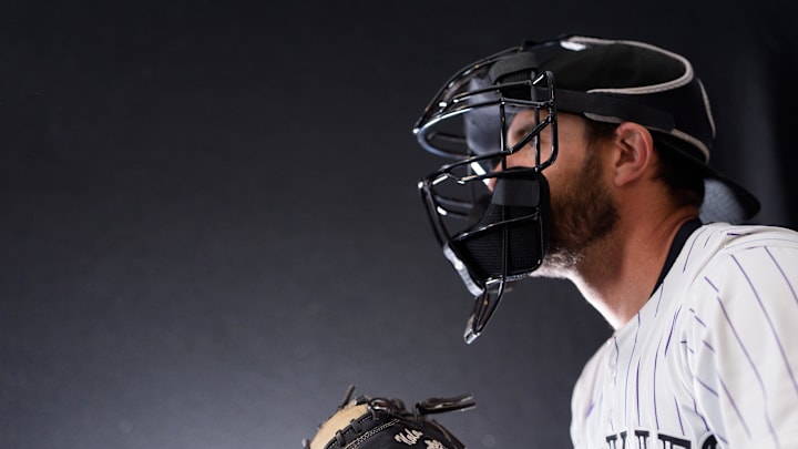 Feb 20, 2025; Scottsdale, AZ, USA;  Colorado Rockies catcher Austin Nola (20) as shot during MLB Media Day at Salt River Fields. Mandatory Credit: Allan Henry-Imagn Images