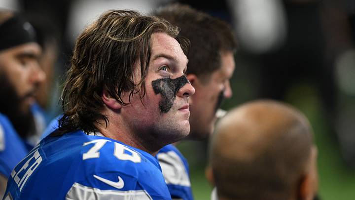 Sep 13, 2026; Detroit, Michigan, USA;  Detroit Lions offensive tackle Blake Miller (76)) sits on the bench during the second quarter against the New Orleans Saints at Ford Field.  Mandatory Credit: Lon Horwedel-Imagn Images