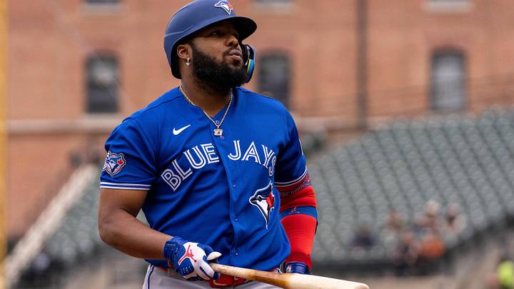 Sep 23, 2026; Baltimore, Maryland, USA; Toronto Blue Jays first baseman Vladimir Guerrero Jr. (27) looks on during the first inning at Oriole Park at Camden Yards. Mandatory Credit: Jamie LeBlanc-Imagn Images