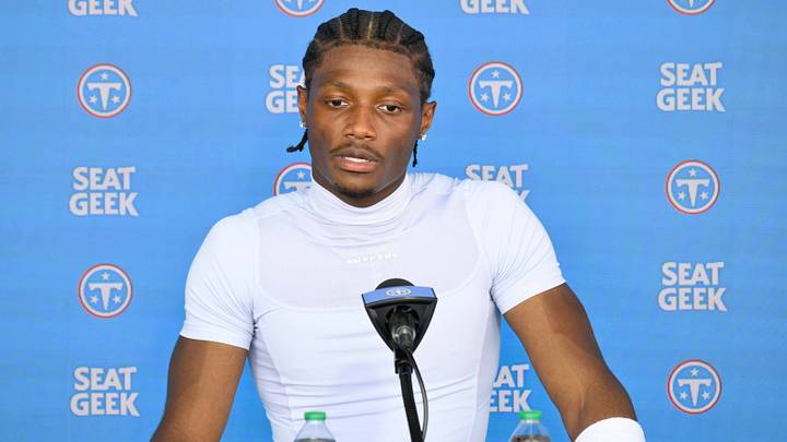 Jun 16, 2026; Nashville, TN, USA; Tennessee Titans wider receiver Carnell Tate (14) talks with the media post practice during day 1 of mini-camp at Vanderbilt Health Football Center. Mandatory Credit: Steve Roberts-Imagn Images Jun 16, 2026; Nashville, TN, USA; Tennessee Titans wider receiver Carnell Tate (14) talks with the media post practice during day 1 of mini-camp at Vanderbilt Health Football Center. Mandatory Credit: Steve Roberts-Imagn Images