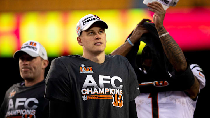 Cincinnati Bengals quarterback Joe Burrow (9) looks on during the AFC Championship trophy presentation.