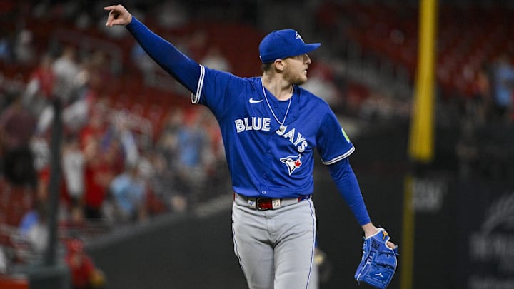 Jun 9, 2025; St. Louis, Missouri, USA; Toronto Blue Jays relief pitcher Jeff Hoffman (23) reacts after the Blue Jays defeated the St. Louis Cardinals in ten innings at Busch Stadium. Jun 9, 2025; St. Louis, Missouri, USA; Toronto Blue Jays relief pitcher Jeff Hoffman (23) reacts after the Blue Jays defeated the St. Louis Cardinals in ten innings at Busch Stadium.