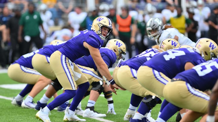 Sep 7, 2024; Seattle, Washington, USA; Washington Huskies quarterback Will Rogers (7) during the first half against the Eastern Michigan Eagles at Alaska Airlines Field at Husky Stadium. Mandatory Credit: Steven Bisig-Imagn Images