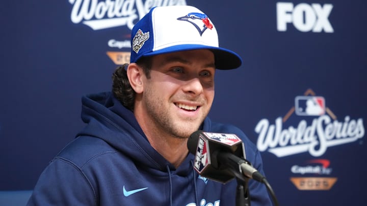 Oct 27, 2025; Los Angeles, California, USA; Toronto Blue Jays third baseman Ernie Clement (22) speaks in a press conference before game three of the 2025 MLB World Series against the Los Angeles Dodgers at Dodger Stadium. Oct 27, 2025; Los Angeles, California, USA; Toronto Blue Jays third baseman Ernie Clement (22) speaks in a press conference before game three of the 2025 MLB World Series against the Los Angeles Dodgers at Dodger Stadium.