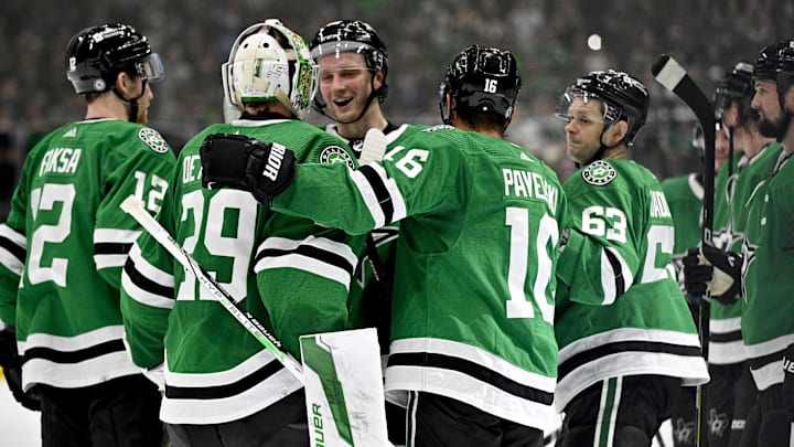 Apr 17, 2024; Dallas, Texas, USA; Dallas Stars goaltender Jake Oettinger (29) and center Joe