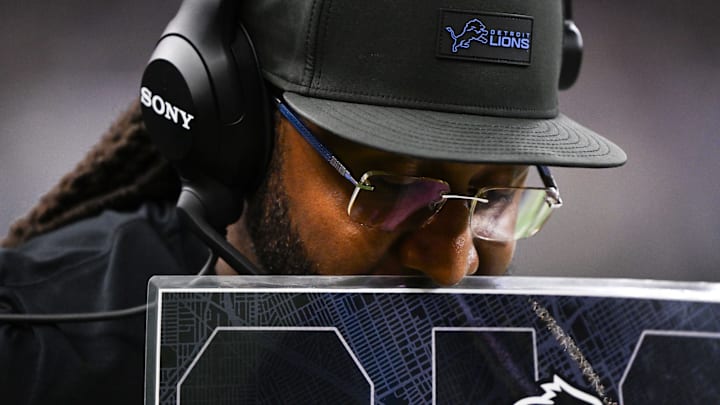 Nov 23, 2025; Detroit, Michigan, USA; Detroit Lions defensive coordinator Kelvin Sheppard looks on from the sidelines during the second quarter against the New York Giants at Ford Field. 