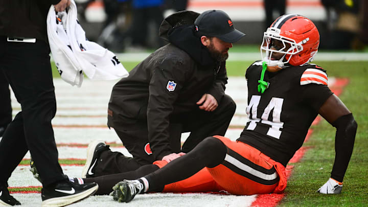 Dec 28, 2025; Cleveland, Ohio, USA; Cleveland Browns tight end Harold Fannin Jr. (44) is tended to by medical staff in the first quarter against the Pittsburgh Steelers at Huntington Bank Field. Mandatory Credit: Ken Blaze-Imagn Images