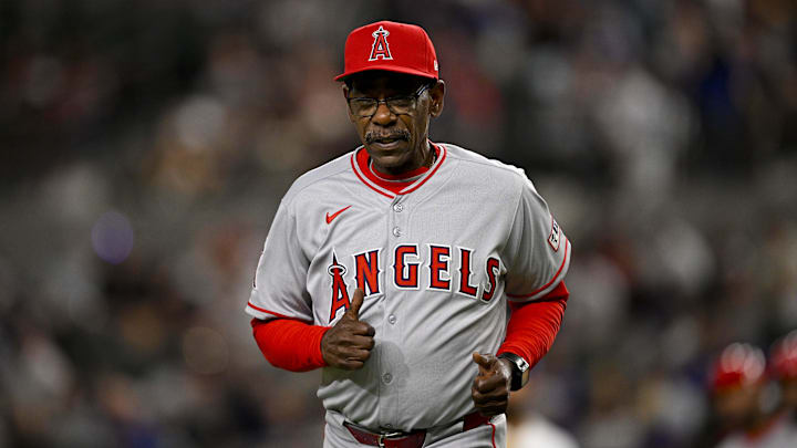 Apr 15, 2025; Arlington, Texas, USA; Los Angeles Angels manager Ron Washington trots back to the dugout during the eighth inning against the Texas Rangers at Globe Life Field. All MLB players will be wearing the number 42 on Jackie Robinson Day to commemorate Robinson making his major league debut in 1947. Mandatory Credit: Jerome Miron-Imagn Images