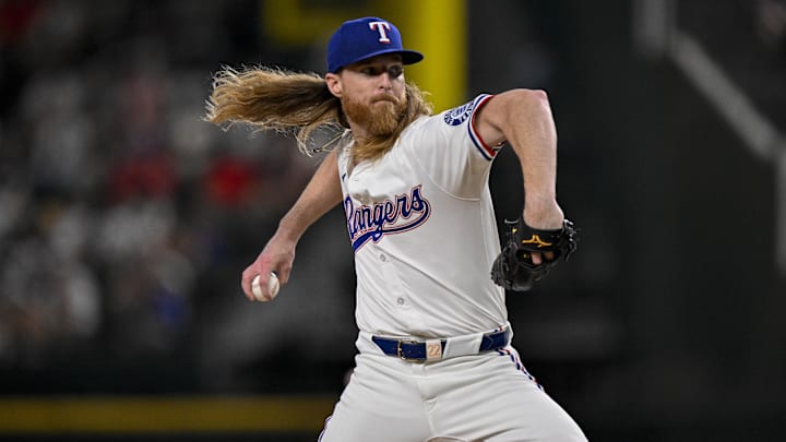 Aug 4, 2025; Arlington, Texas, USA; Texas Rangers relief pitcher Jon Gray (22) in action during the game between the Texas Rangers and the New York Yankees at Globe Life Field. Aug 4, 2025; Arlington, Texas, USA; Texas Rangers relief pitcher Jon Gray (22) in action during the game between the Texas Rangers and the New York Yankees at Globe Life Field.