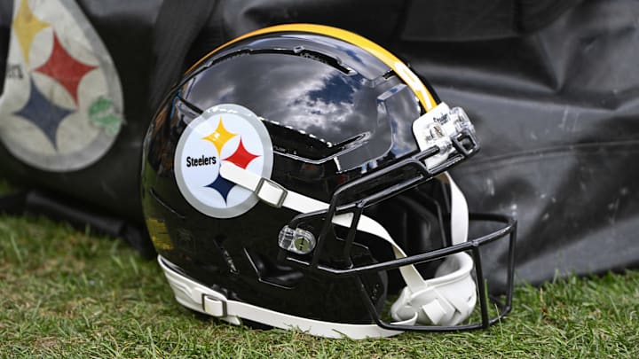 Nov 16, 2025; Pittsburgh, Pennsylvania, USA; A Pittsburgh Steelers helmet before a game against the Cincinnati Bengals at Acrisure Stadium. Mandatory Credit: Barry Reeger-Imagn Images