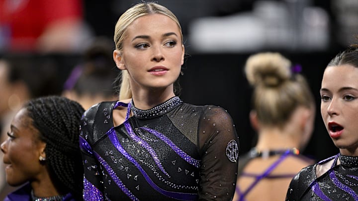 LSU Tigers gymnast Livvy Dunne looks on during the 2025 Women's National Gymnastics Semifinal at Dickies Arena. LSU Tigers gymnast Livvy Dunne looks on during the 2025 Women's National Gymnastics Semifinal at Dickies Arena.