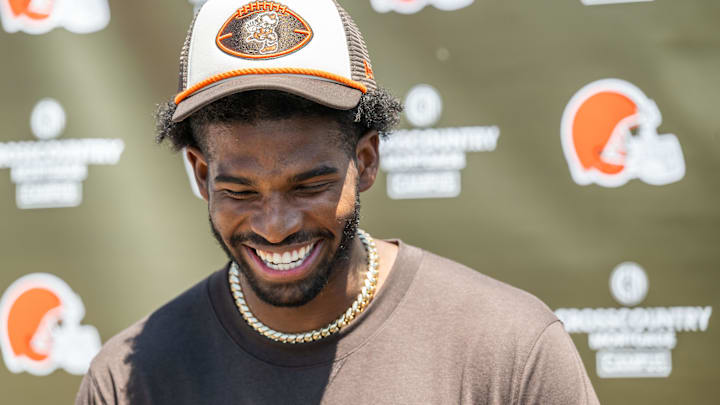 Cleveland Browns quarterback Shedeur Sanders (12) talks to the media during rookie minicamp at CrossCountry Mortgage Campus.