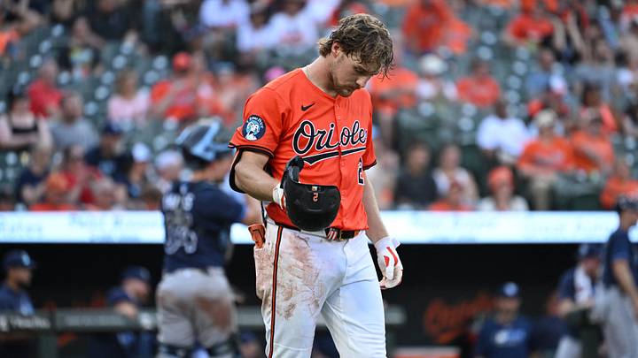 Jun 28, 2025; Baltimore, Maryland, USA; Baltimore Orioles shortstop Gunnar Henderson (2) reacts after striking out against the Tampa Bay Rays during the eighth inning at Oriole Park at Camden Yards. Mandatory Credit: Rafael Suanes-Imagn Images