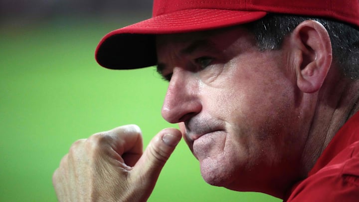 Aug 8, 2024; Phoenix, Arizona, USA; Philadelphia Phillies manager Rob Thomson (59) looks on against the Arizona Diamondbacks during the first inning at Chase Field. Mandatory Credit: Joe Camporeale-Imagn Images