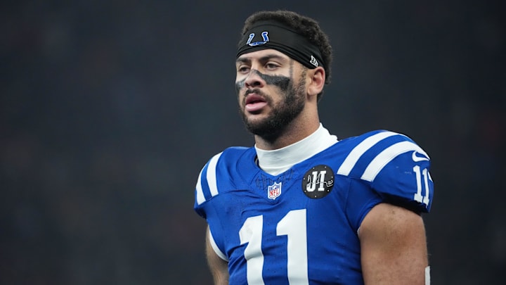 Nov 9, 2025; Berlin, Germany; Indianapolis Colts wide receiver Michael Pittman Jr. (11) against the Atlanta Falcons during the NFL Berlin Game at Olympic Stadium. Mandatory Credit: Kirby Lee-Imagn Images
