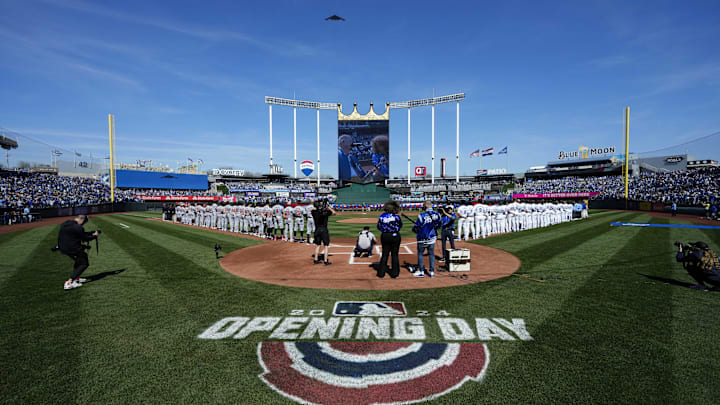 Mar 28, 2024; Kansas City, Missouri, USA; A general view of the field as stealth bomber flies over prior to a game between the Minnesota Twins and the Kansas City Royals at Kauffman Stadium. Mandatory Credit: Jay Biggerstaff-Imagn Images