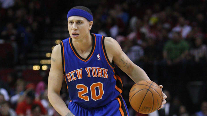 Jan 28, 2012; Houston, TX, USA; New York Knicks point guard Mike Bibby (20) dribbles against the Houston Rockets during the first quarter at the Toyota Center. The Rockets won 97-84. Mandatory Credit: Thomas Campbell-US Presswire
