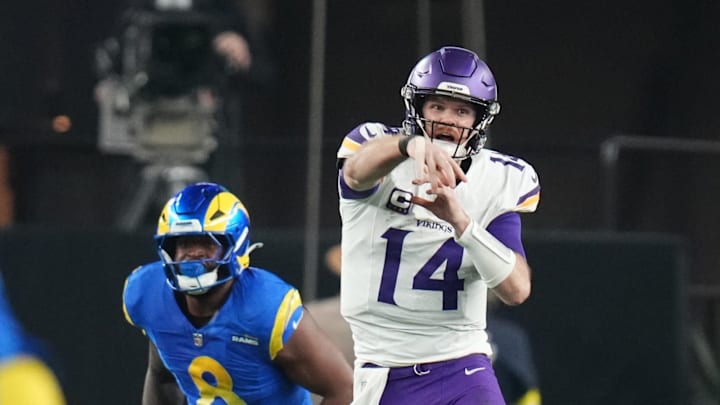 Minnesota Vikings quarterback Sam Darnold (14) throws the ball against the Los Angeles Rams during their playoff game at State Farm Stadium on Jan. 13, 2025, in Glendale. Minnesota Vikings quarterback Sam Darnold (14) throws the ball against the Los Angeles Rams during their playoff game at State Farm Stadium on Jan. 13, 2025, in Glendale.