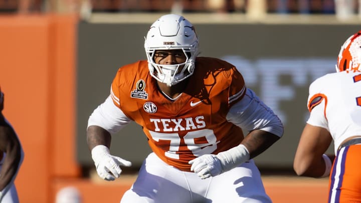 Dec 21, 2024; Austin, Texas, USA; Texas Longhorns offensive lineman Kelvin Banks Jr. (78) against the Clemson Tigers during the CFP National playoff first round at Darrell K Royal-Texas Memorial Stadium. Mandatory Credit: Mark J. Rebilas-Imagn Images