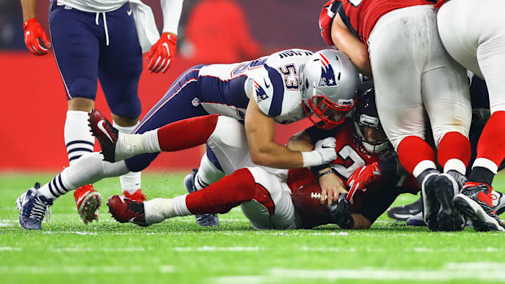 New England Patriots linebacker Kyle Van Noy sacks Atlanta Falcons quarterback Matt Ryan