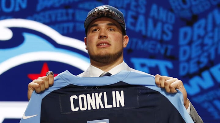 Apr 28, 2016; Chicago, IL, USA; Jack Conklin (Michigan State) is selected by the Tennessee Titans as the number eight overall pick in the first round of the 2016 NFL Draft at Auditorium Theatre. Mandatory Credit: Kamil Krzaczynski-Imagn Images