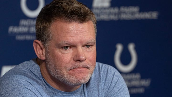Indianapolis Colts General Manager Chris Ballard opens his pre-draft press conference discussing support for the family of long-time scout Matt Terpening in the lost of his wife, Monday, April 21, 2025 at the Colts headquarters, the Indiana Farm Bureau Football Center.