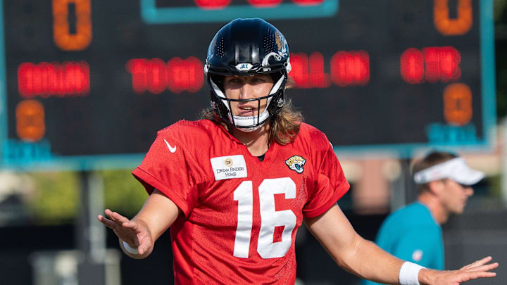 Jacksonville Jaguars quarterback Trevor Lawrence (16) signals during the Jaguars 14th NFL training camp session at Miller Electric Center Tuesday August 12, 2025 in Jacksonville, Fla. The Jaguars travel to New Orleans to play the Saints this Sunday in their second preseason game.