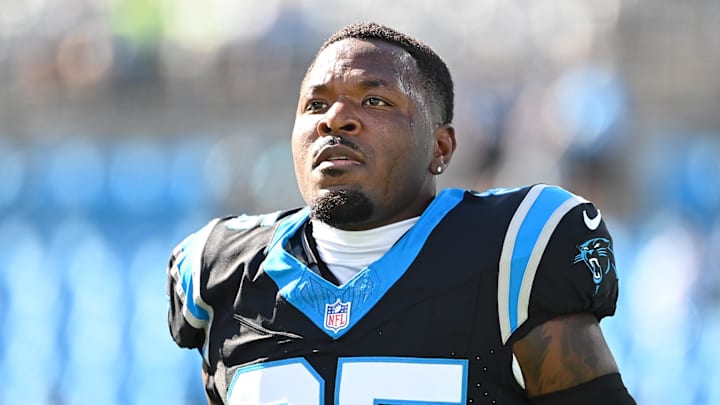Oct 29, 2023; Charlotte, North Carolina, USA; Carolina Panthers safety Xavier Woods (25) during warm up at Bank of America Stadium. Mandatory Credit: Bob Donnan-Imagn Images