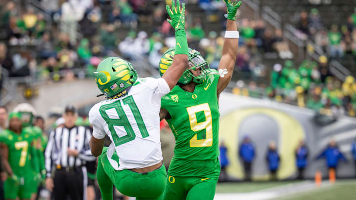 Oregon Green Team defensive back Nikko Reed breaks up a pass indended for wide receiver Ryan Pellum during the Oregon Ducks’ Spring Game Saturday, April 27. 2024 at Autzen Stadium in Eugene, Ore. Oregon Green Team defensive back Nikko Reed breaks up a pass indended for wide receiver Ryan Pellum during the Oregon Ducks’ Spring Game Saturday, April 27. 2024 at Autzen Stadium in Eugene, Ore.