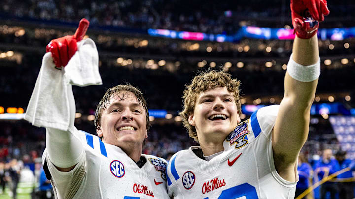 Ole Miss linebacker Cooper Cannon and safety Kegan Sherwood point to the stands after the Sugar Bowl
