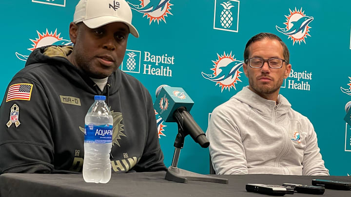 Dolphins general manager Chris Grier and coach Mike McDaniel address reporters Tuesday.

Img 9284