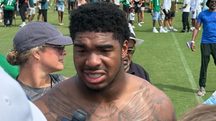 Eagles rookie linebacker Jihaad Campbell talked to reporters after the second day of joint practices against the Browns.