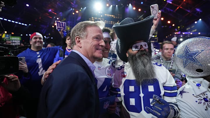 NFL commissioner Roger Goodell poses with fans during the 2024 NFL Draft at Campus Martius Park and Hart Plaza. NFL commissioner Roger Goodell poses with fans during the 2024 NFL Draft at Campus Martius Park and Hart Plaza.
