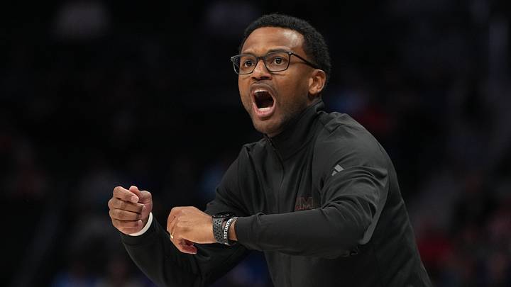 Mar 12, 2026; Charlotte, NC, USA; Miami (FL) Hurricanes head coach Jai Lucas reacts in the first half at Spectrum Center. Mandatory Credit: Bob Donnan-Imagn Images Mar 12, 2026; Charlotte, NC, USA; Miami (FL) Hurricanes head coach Jai Lucas reacts in the first half at Spectrum Center. Mandatory Credit: Bob Donnan-Imagn Images
