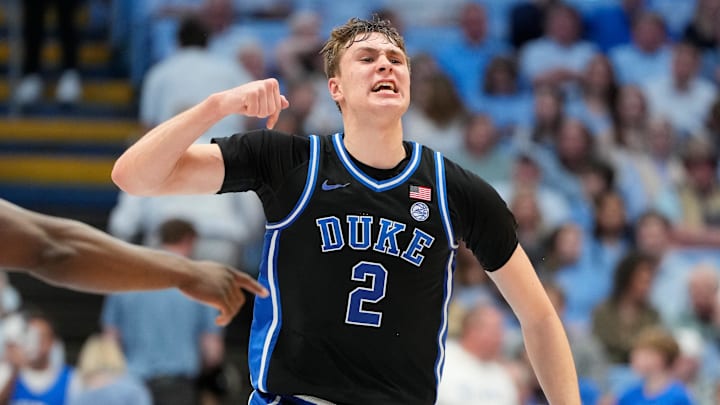Mar 8, 2025; Chapel Hill, North Carolina, USA; Duke Blue Devils forward Cooper Flagg (2) reacts in the second half at Dean E. Smith Center. Mandatory Credit: Bob Donnan-Imagn Images