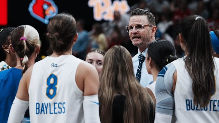 Pittsburgh head coach Dan Fisher instructs his team against Louisville during their Final Four match at the KFC Yum! Center in Louisville, Ky. on Dec. 19, 2024.