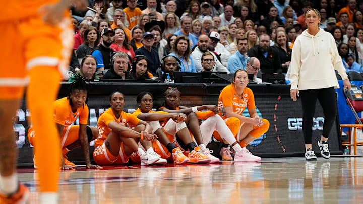Tennessee Lady Vols head coach Kim Caldwell subs five players during the second round of the women's NCAA Tournament against the Ohio State Buckeyes at Value City Arena in Columbus on March 23, 2025. Ohio State lost 82-67. Tennessee Lady Vols head coach Kim Caldwell subs five players during the second round of the women's NCAA Tournament against the Ohio State Buckeyes at Value City Arena in Columbus on March 23, 2025. Ohio State lost 82-67.
