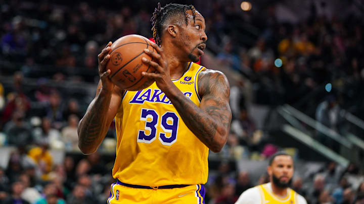 Mar 7, 2022; San Antonio, Texas, USA;  Los Angeles Lakers center Dwight Howard (39) gets a rebound in the first half against the San Antonio Spurs at the AT&T Center. Mandatory Credit: Daniel Dunn-Imagn Images