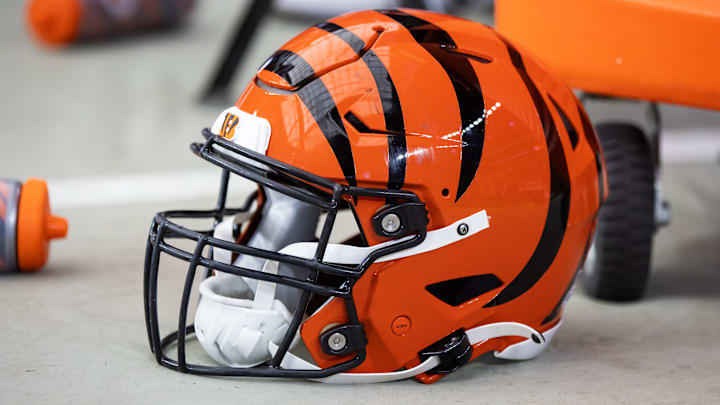 Oct 8, 2023; Glendale, Arizona, USA; Detailed view of a Cincinnati Bengals helmet at State Farm Stadium. Mandatory Credit: Mark J. Rebilas-Imagn Images Oct 8, 2023; Glendale, Arizona, USA; Detailed view of a Cincinnati Bengals helmet at State Farm Stadium. Mandatory Credit: Mark J. Rebilas-Imagn Images