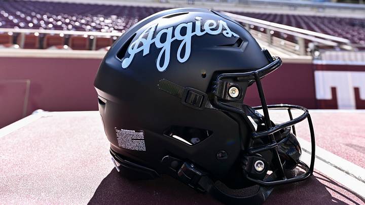 Oct 4, 2025; College Station, Texas, USA; A detail view of a Texas A&M Aggies helmet on the sideline prior to the game against the Mississippi State Bulldogs at Kyle Field. Mandatory Credit: Maria Lysaker-Imagn Images Oct 4, 2025; College Station, Texas, USA; A detail view of a Texas A&M Aggies helmet on the sideline prior to the game against the Mississippi State Bulldogs at Kyle Field. Mandatory Credit: Maria Lysaker-Imagn Images