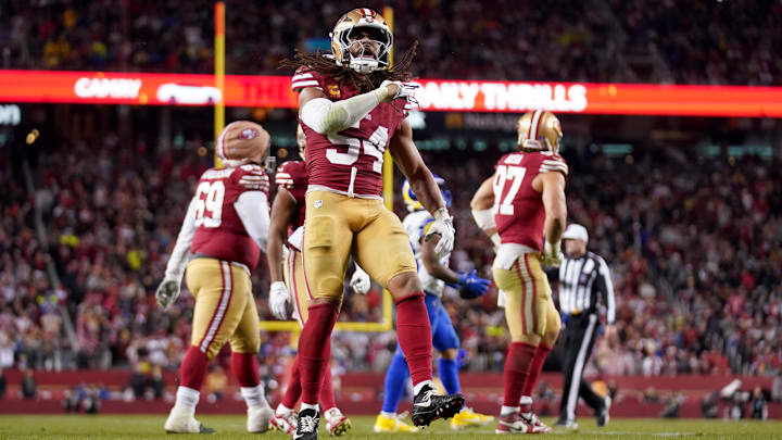 Dec 12, 2024; Santa Clara, California, USA; San Francisco 49ers linebacker Fred Warner (54) reacts after making a tackle against the Los Angeles Rams in the fourth quarter at Levi's Stadium. Mandatory Credit: Cary Edmondson-Imagn Images